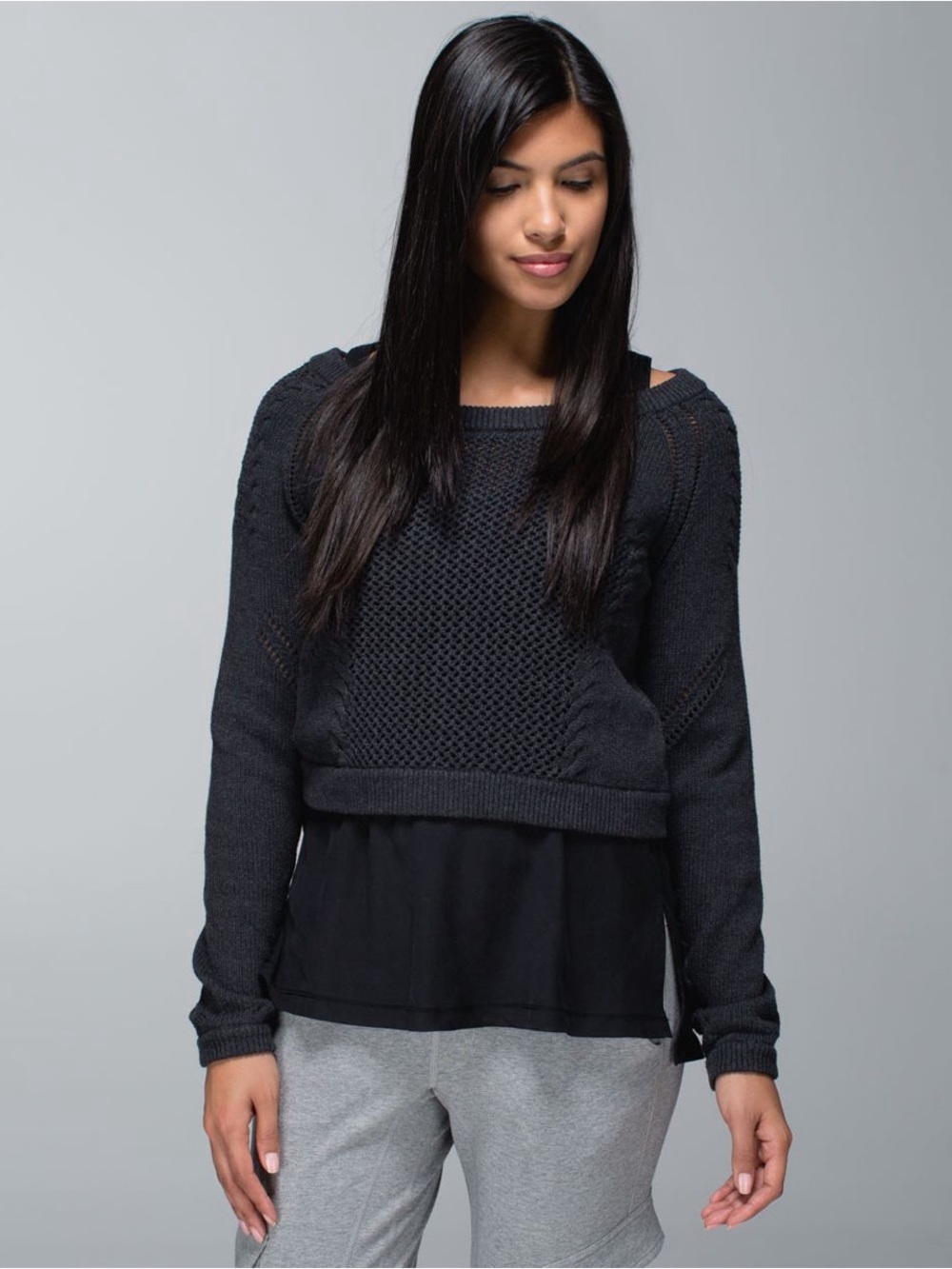 lululemon athletica Be Present Pullover Heather Black Knit Layered Crew Sweater